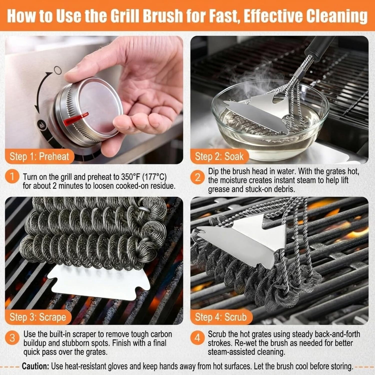 Bristle-Free Grill Brush with Scraper - Reinforced Coil Cleaning Brush, Long Handle Safe BBQ Cleaner for Gas and Charcoal Grates