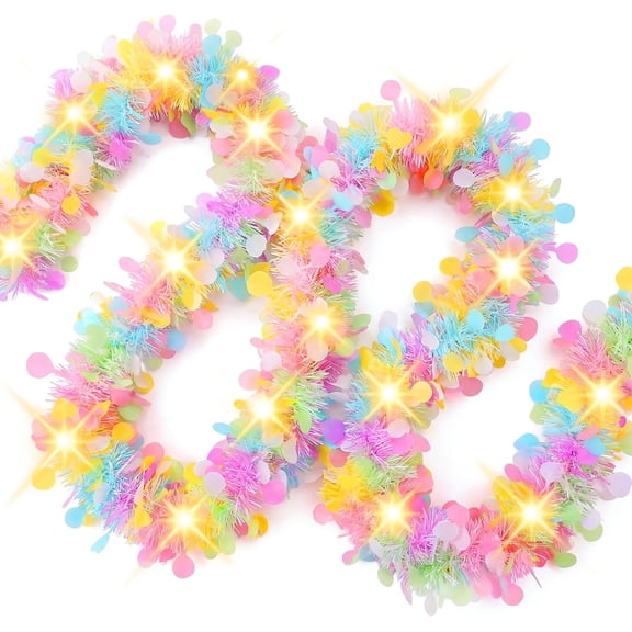 33ft Easter Tinsel Garland with LED Lights Colorful Spring Garland Perfect Easter Decorations Indoor Decor for Mantle, Home & Holiday