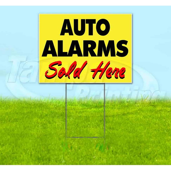 Auto Alarms Sold Here Yellow Cursive (18" x 24") Yard Sign, Includes Metal Step Stake