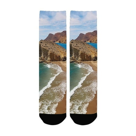 

Landscape Ocean View Tranquil Beach Cabo De Gata Spain Coastal Photo Scenic Summer Scenery es Blue B Women s Custom Socks (Made In USA)