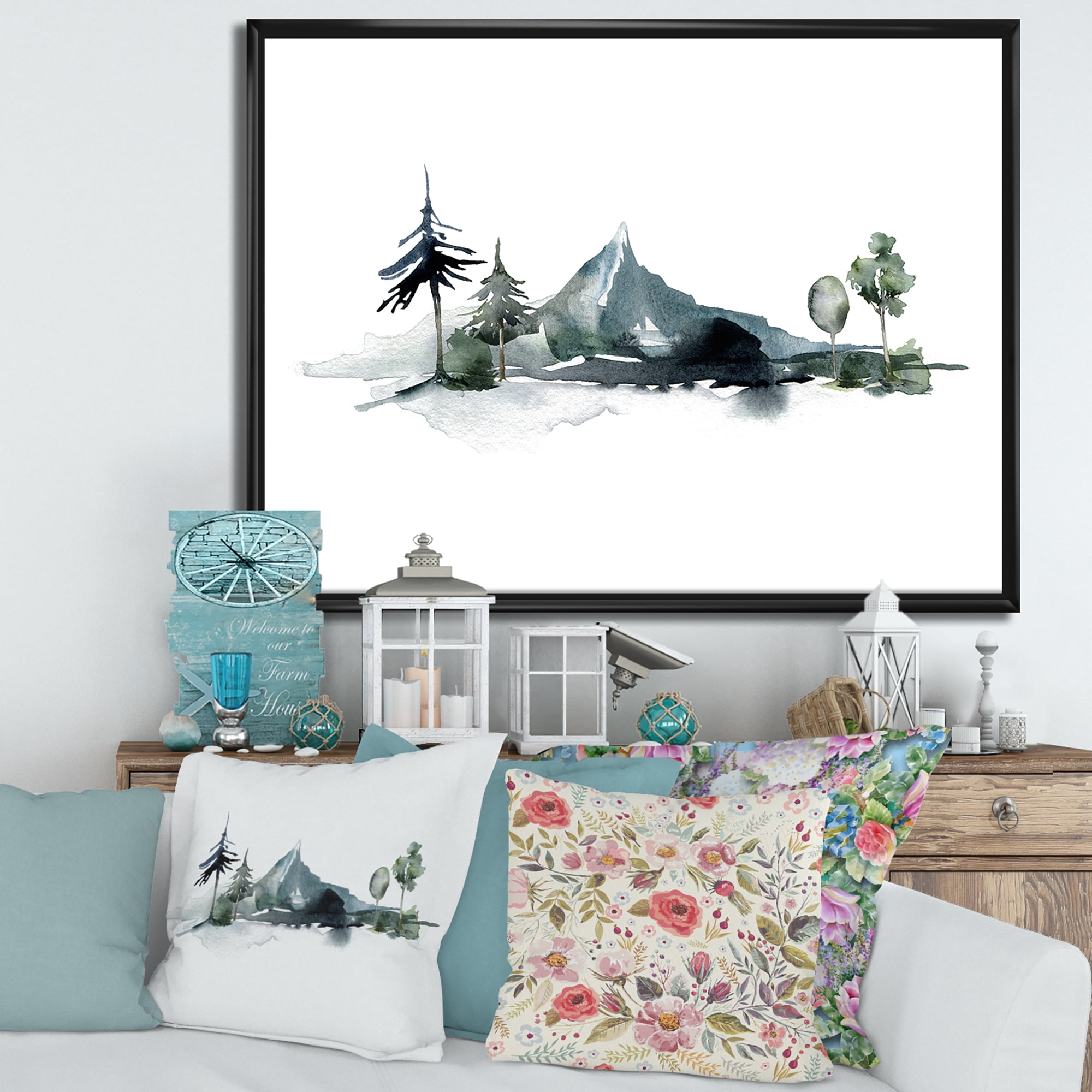 Designart 'Minimalistic Fir Forest and Winter Mountains II' Modern Framed Canvas Wall Art Print