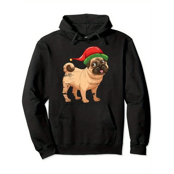 's Pug Dog Christmas Hoodie with Pug Face & Santa Hat Print - Cozy Winter Pullover Sweatshirt for Pug Owners, Casual Long Sleeve Hooded Sweater, Machine Washable Holiday Gift for Dog Lovers