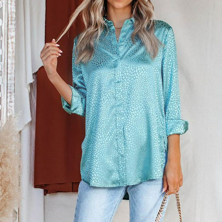 Satin Button Down Shirts for Women Fashion Leopard Print Long Sleeve Blouse  Tops Casual Dressy Collared Work Tops 
