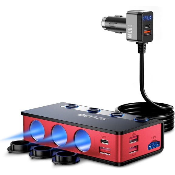 BESTEK 180W Cigarette Lighter Splitter, 3 Socket Car Cigarette Lighter Adapter with PD36W/65W and QC3.0 18W*4 Fast USB Charging Ports, LED Voltage Display 12V/24V DC Outlet Cigarette Lighter Splitter