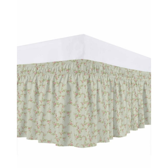 Pastoral Pink Flower Bed Skirt Fall Leaf Green Background Country Floral Bed Skirts Queen Size 16 Inch Drop, Wrap Around Dust Ruffle Bedskirt with Adjustable Elastic Belt for Queen Size Beds