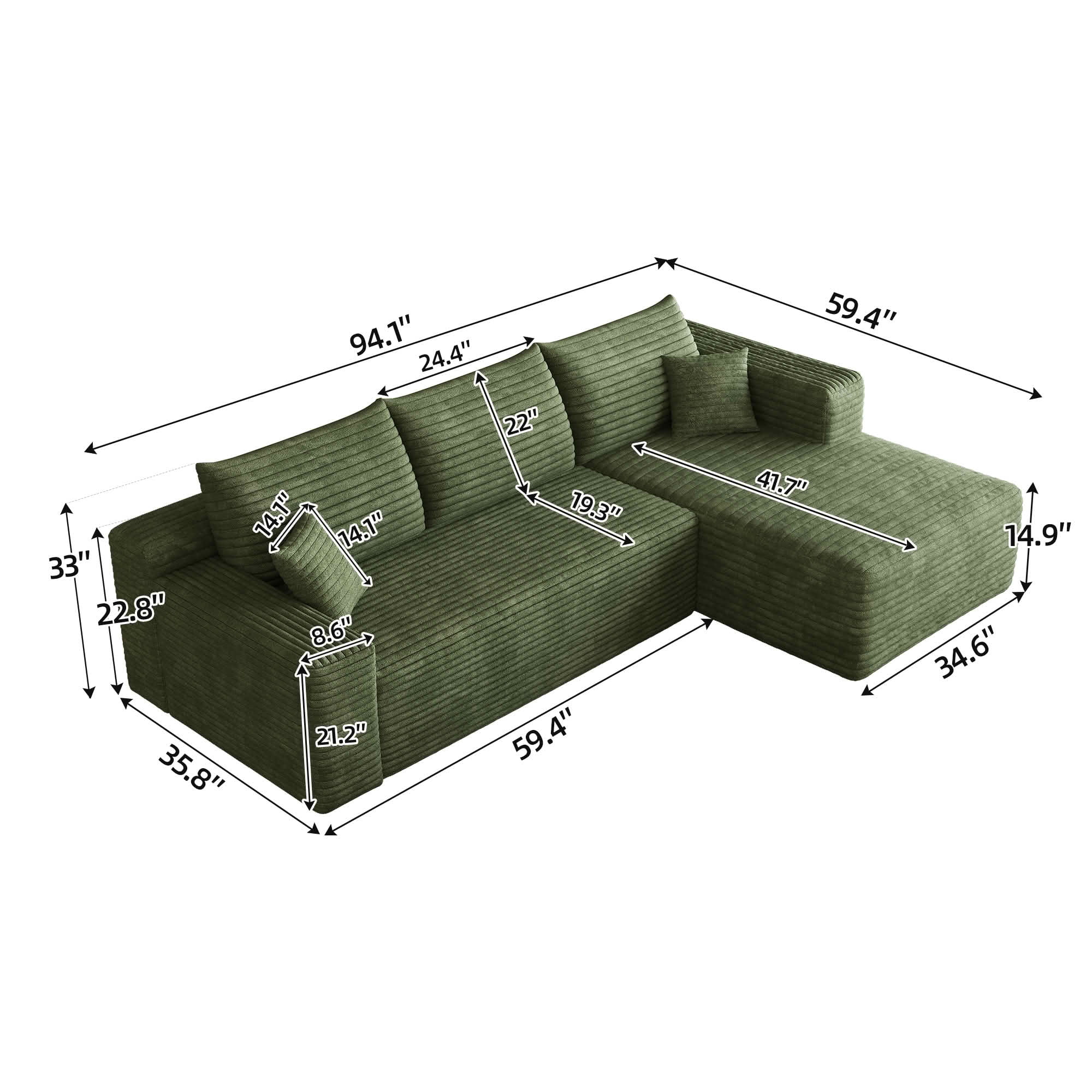 MAYEERTY 95" Cloud Sectional Sofa, U-Shaped Corduroy Upholstered Deep Seat Couch, No Assembly for Living Room, Green