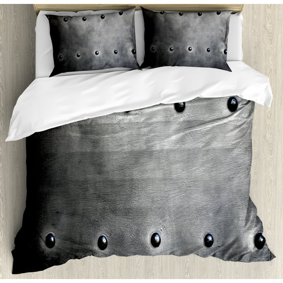 Industrial Duvet Cover Set, Black Grunge Plate Armour Digital Print Rivets Vintage Theme Print, Decorative 3 Piece Bedding Set with 2 Pillow Shams, King Size, Black Grey, by Ambesonne