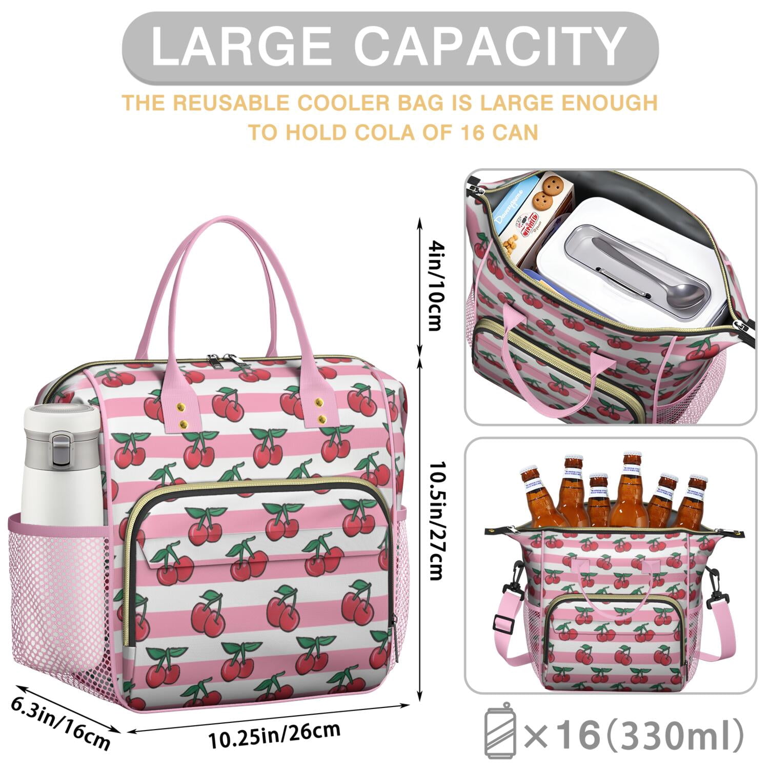 Cherry Print Reusable Lunch Tote Waterproof Leakproof Large Lunch Box Dual Insulated with Adjustable Strap & Multi pockets Perfect for Office & Outdoor Use