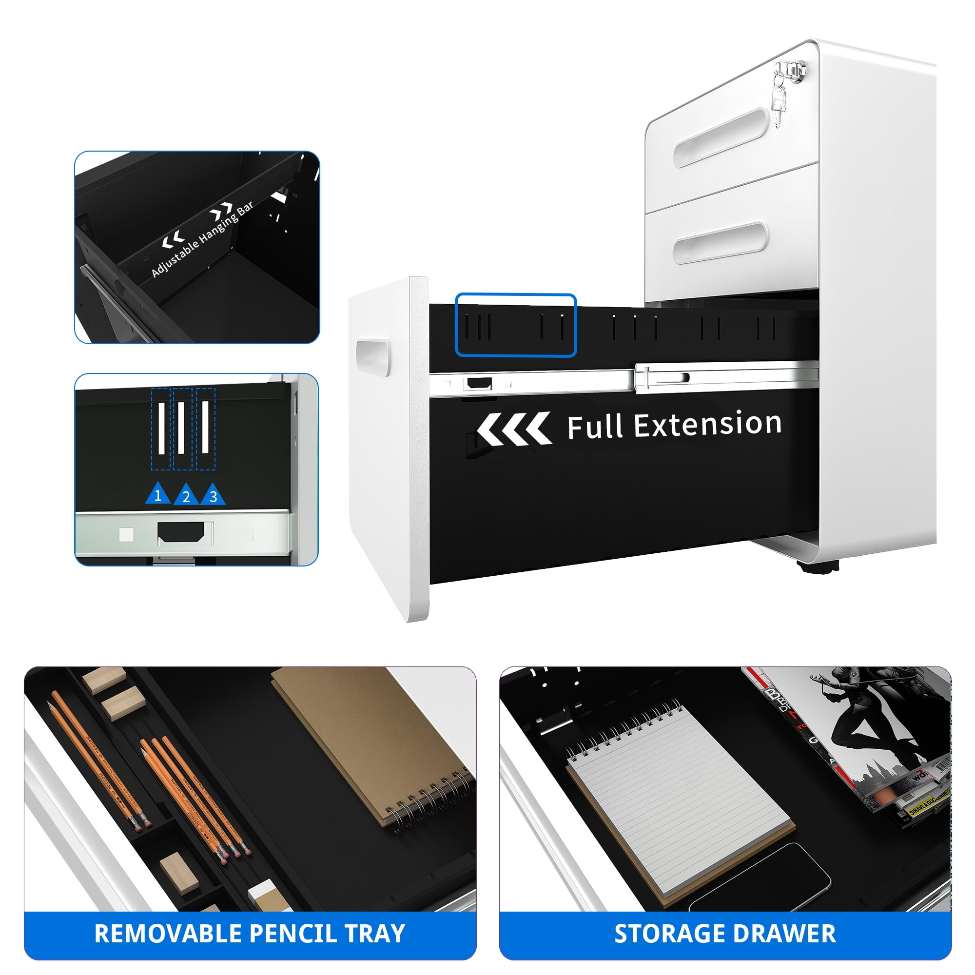Uforic Mobile File Cabinet with Lock, 3 Drawers, Rolling Design, Suitable for Legal/Letter/A4 Size Documents, Perfect for Home or Office Use, Pre-Assembled and Finished in White