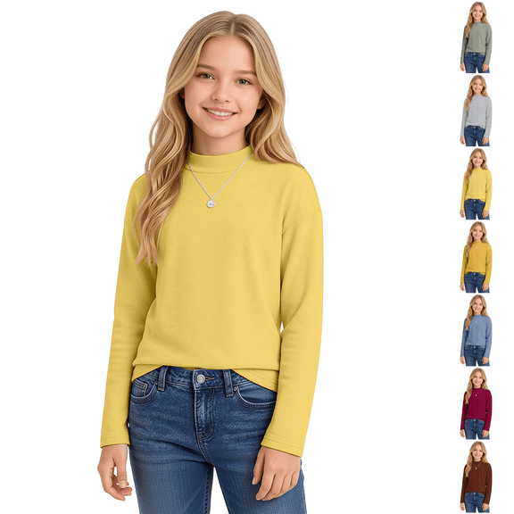 Cotton Long Sleeve Pullover Shirts for Girls Mock Neck Teen Pullover Tops Turtleneck Warm and Soft Comfortable Loose Fit Casual Tops Basic Tees Fall Winter Clothes 5-14 Years