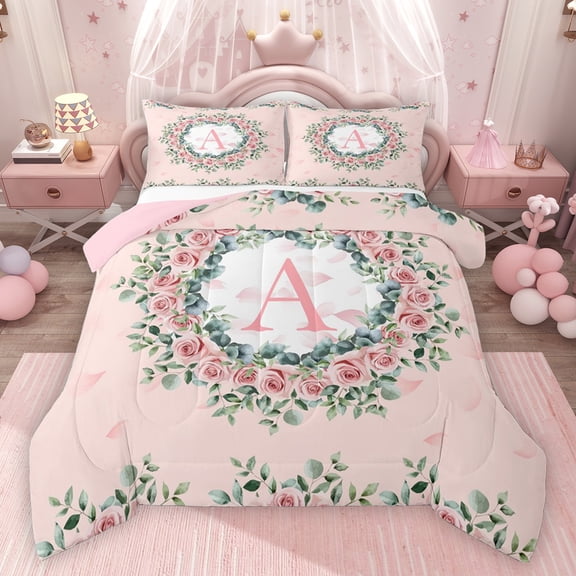 jejeloiu Letter A Monogrammed Bedding Comforter Set,Cute Flower Blossom Twin Comforter Sets,Pink White Green Bedding Set For Girls,Microfiber Room Decorative Reversible,2 Pieces
