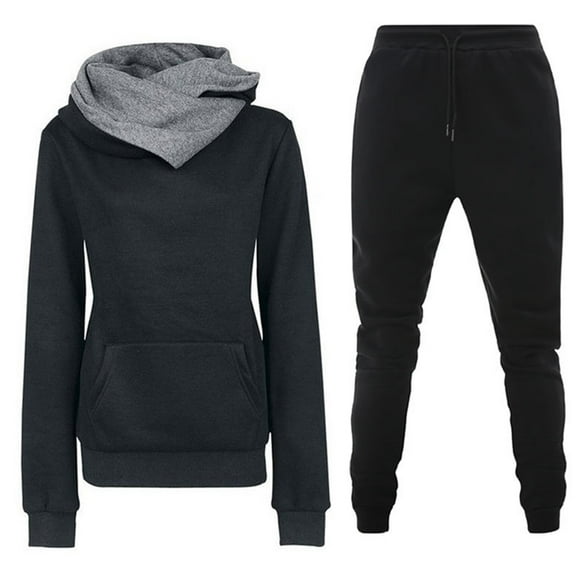 PEZHADA Fall Savings Women 2 Piece Outfits Sweatsuit Set Long Sleeve Pullover Hoodies Wide Leg Drawstring Sweatpant Lounge Set Tracksuit Black