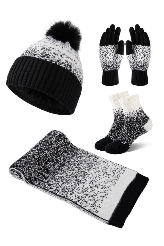 4 Pcs Women Winter Christmas Hat Scarf Gloves Socks Set Knitted Beanie Cap Touchscreen Gloves Long Neck Warmer Set with Warm Floor Socks for Women