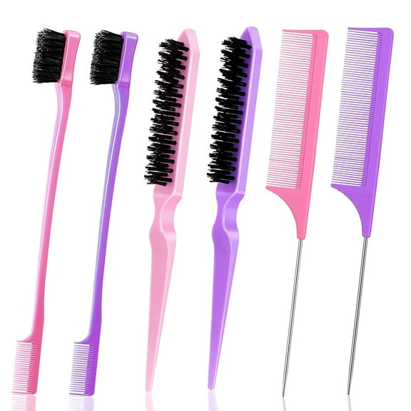 6 Pieces Teasing Hair Brush Set Includes Dual Edge Brush, Rat Tail Combs and Comb Bristle Hair Brush Hairline Brush with Stainless Steel Long Tail Soft Glossy Teasing Brush for Hair Stylist