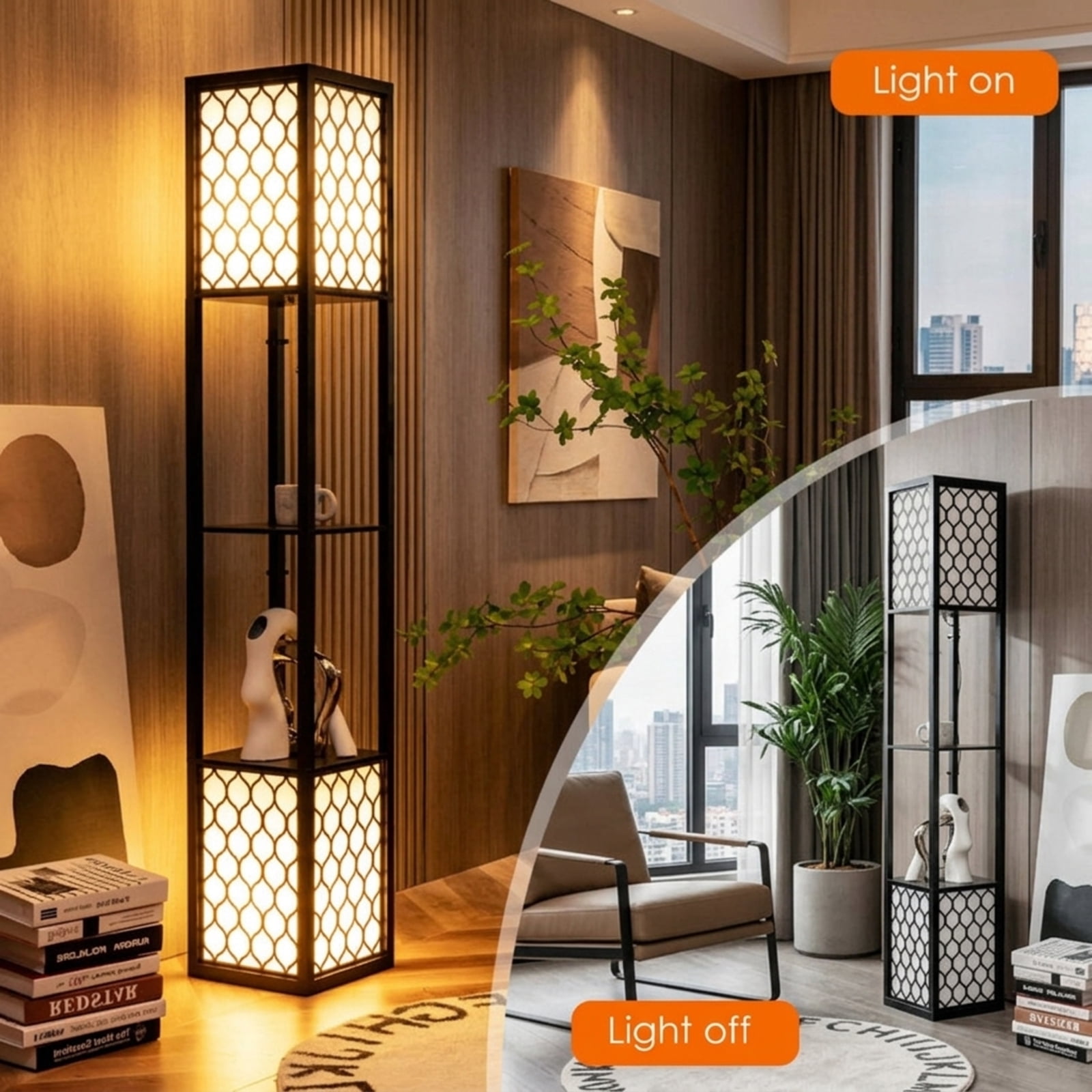 Vebreda Modern Freestanding Shelf Floor Lamp with Double Lamp Pull Chain and Foot Switch for Living Room-Black White | Shelf Standing Lamp