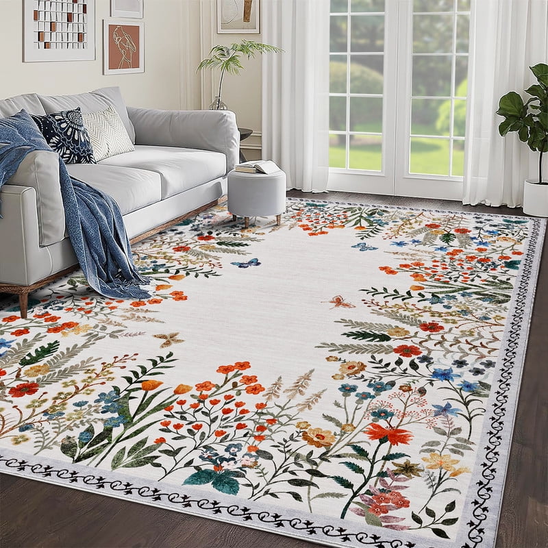 Washable 8x10 Area Rugs, Large Living Room Rug, Non-Slip Soft Floral Rugs for Bedroom, Botanical Area Rug Carpet for Dining Room Guest Room (Beige,8'x10')