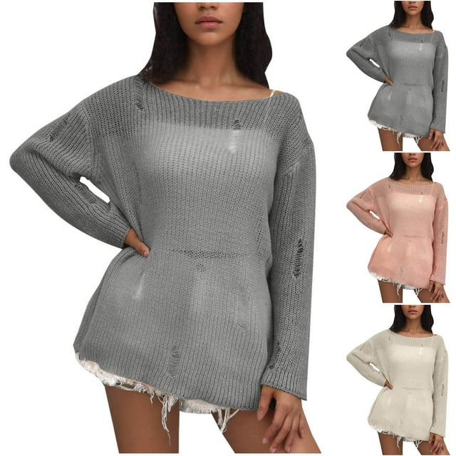 Sentmoon Women Sweaters Crew Neck Long Sleeve Solid Color Sweatshirt Women Plus Size Knitted Eyelet Lightweight and Warm Loose Fall Outfits for Women Fall and Winter for Coffee Date Sweater