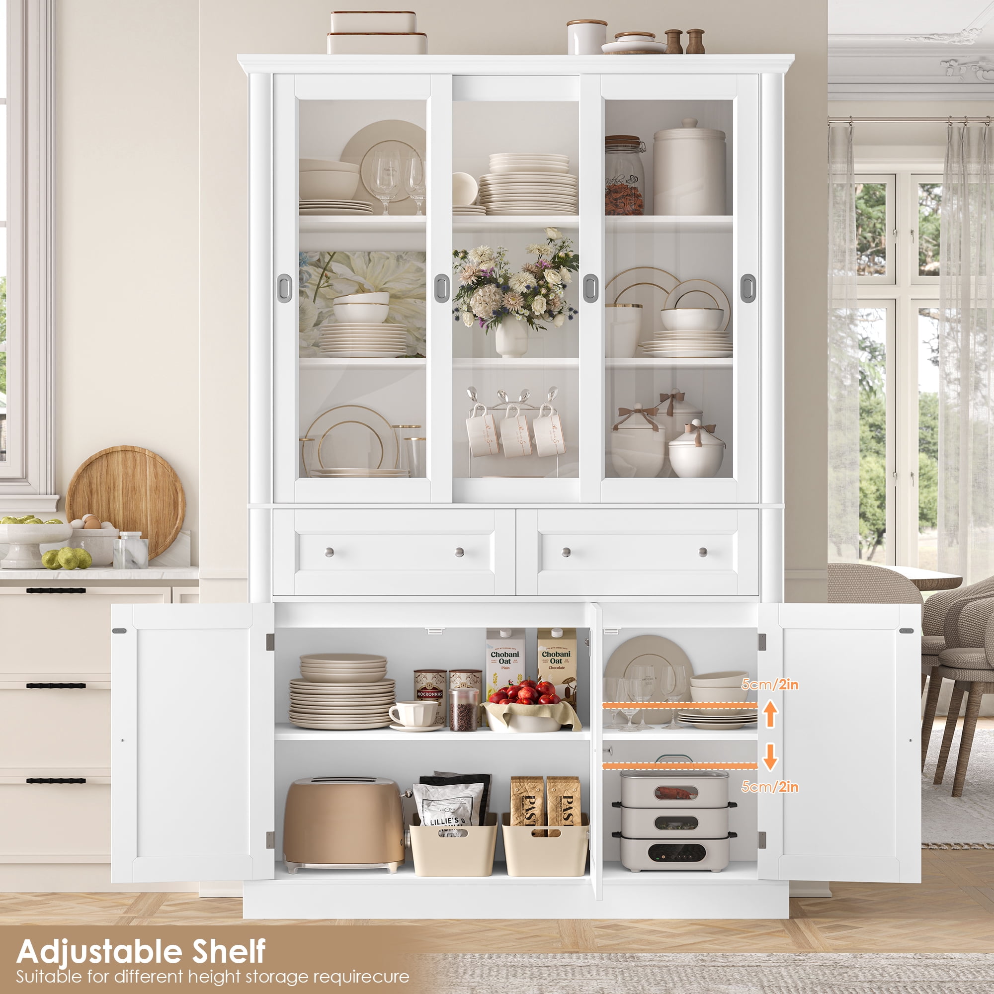 Homfa White Bookcase with Sliding Glass Doors, 73.5" Standard Bookcase with 2 Drawers, 5-tier Freestanding Storage Cabinet for Home Office Living Room