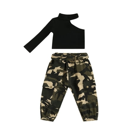

ZIYIXIN Toddler Baby Girl Summer Outfits One Shoulder Crop Top Knit Shirt+ Camouflage Pants with Belt 2Pcs Set Black 4-5 Years