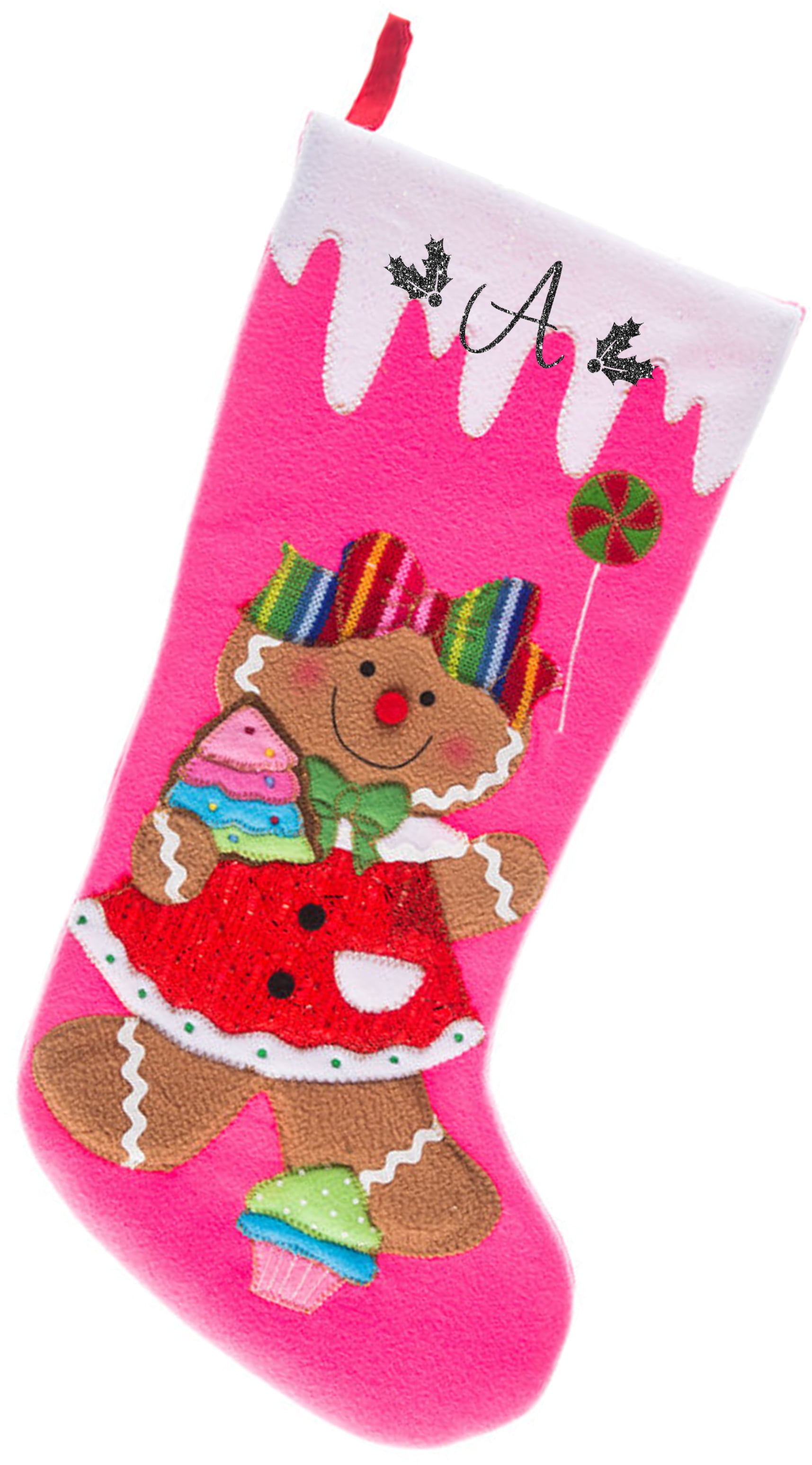 Christmas Stocking, Pink Gingerbread Girl with Black Script Glitter Pink Christmas Stocking