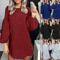 thumbnail image 3 of Women Autumn Lantern Long Sleeve O-Neck Loose A-Line Sweater Dress Solid Color Winter Warm Basic Bottoming Streetwear, 3 of 19