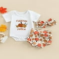thumbnail image 2 of Ensemble de Vêtements de Récolte pour Bébé, Manches Courtes, Barboteuse à Imprimé Citrouille/lettre + Short Triangle à Imprimé + Bandeau à Nœud, 2 of 8