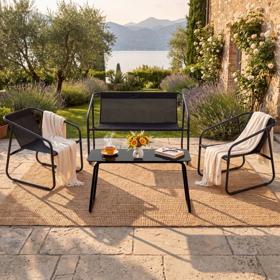 SHOUFTW 4-Piece Outdoor Patio Conversation Set, All-Weather Bistro Furniture Set with Coffee Table, Ideal for Garden Balcony Courtyard Poolside Backyard, Black