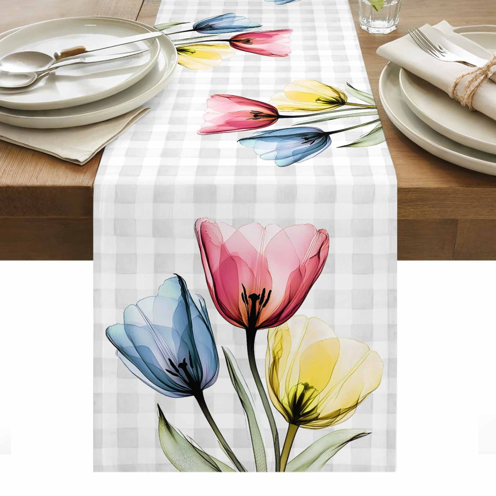 Colorful Tulips Table Runner Country Flowers Cotton Linen Table Cloth Tablerunner for Kitchen Dining Party Wedding Home Decor 13x70 Inch