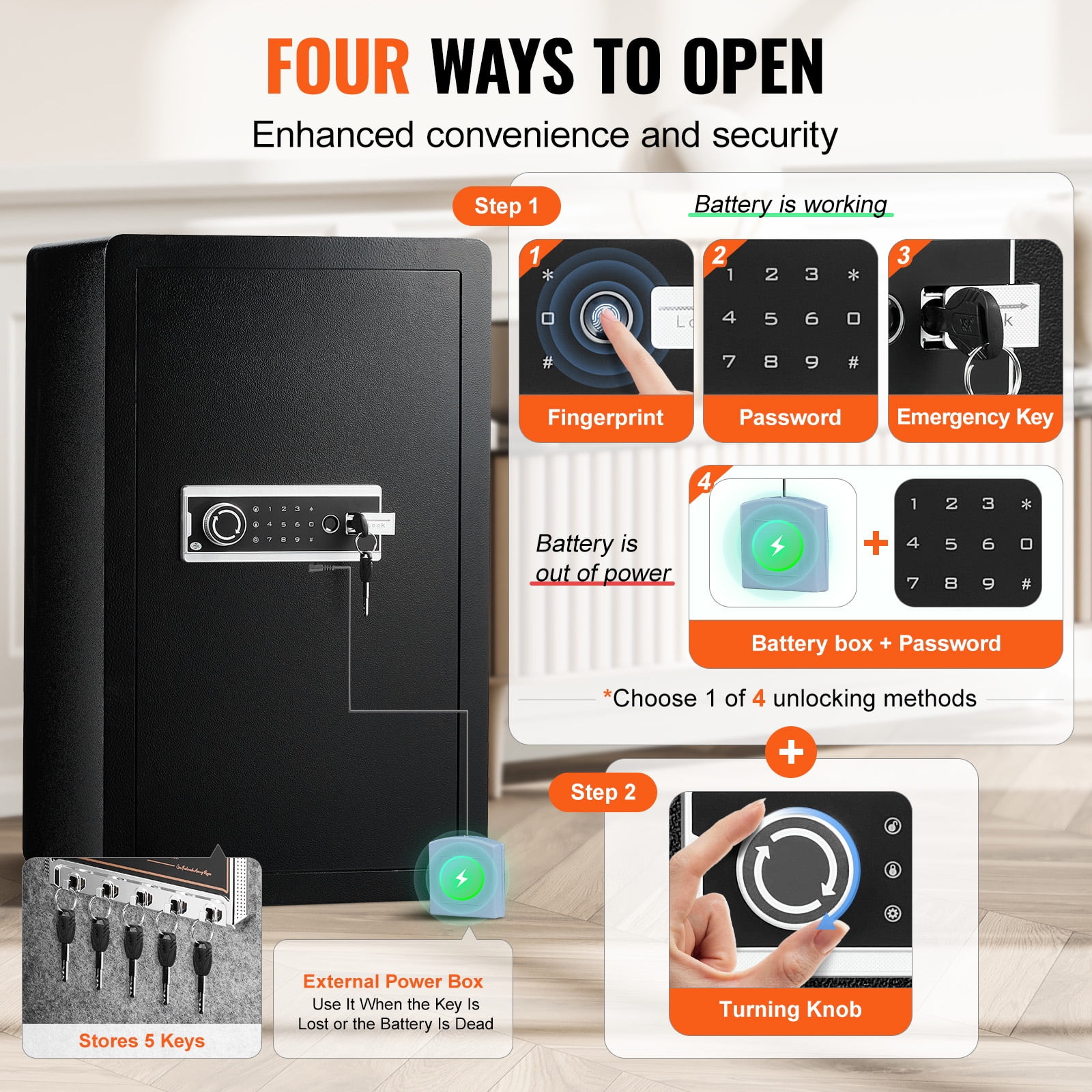 KFFKFF Single Door 4.0 cu.ft Security Safe, Key, Password & Fingerprint Access, Includes Fireproof Bag, Key Organizer, LED, 2 Shelves - Ideal for Cash, Papers, Jewelry, Black