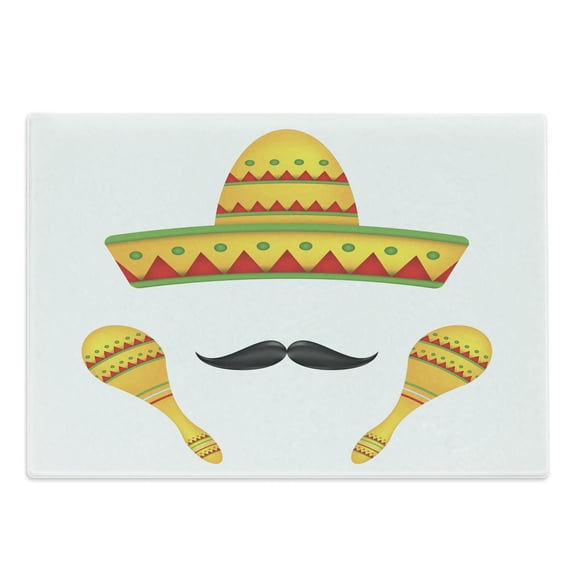 Mexican Cutting Board, Famous Centerpiece of Mexico Sombrero Moustache Rumba Shaker Mesoamerican Print, Decorative Tempered Glass Cutting and Serving Board, Large Size, Yellow, by Ambesonne