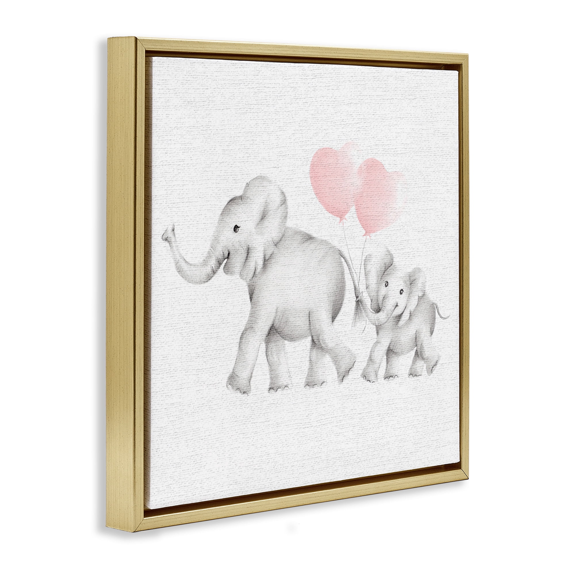 Stupell Industries Elephant Family with Pink Balloons Art for Kids Painting Gold Floater Framed Canvas Art Print Wall Art, 18 x 18