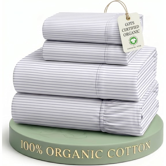 100% Organic Cotton Percale King Sheet Set in Ticking Stripe Cobalt Blue
