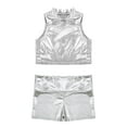 thumbnail image 3 of Sinleey Kids Girls 2 Piece Dance Outfits Shiny Mock Neck Crop Top with Shorts Gymnastics Tracksuit Silver 6, 3 of 5