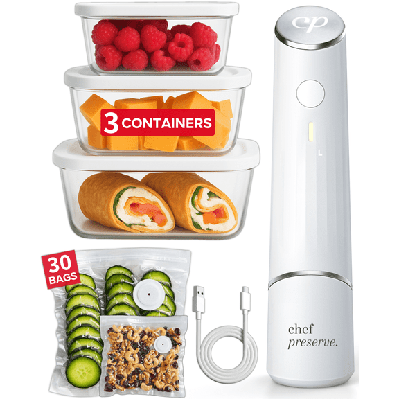 Chef Preserve Compact Vacuum Sealer for Food (Vacuum Sealer Machine   3 Glass Vacuum Containers   30 Reusable Vacuum Bags) Powerful Handheld Vacuum Seal Machine, Seal Meal Saver, Portable Food Sealer