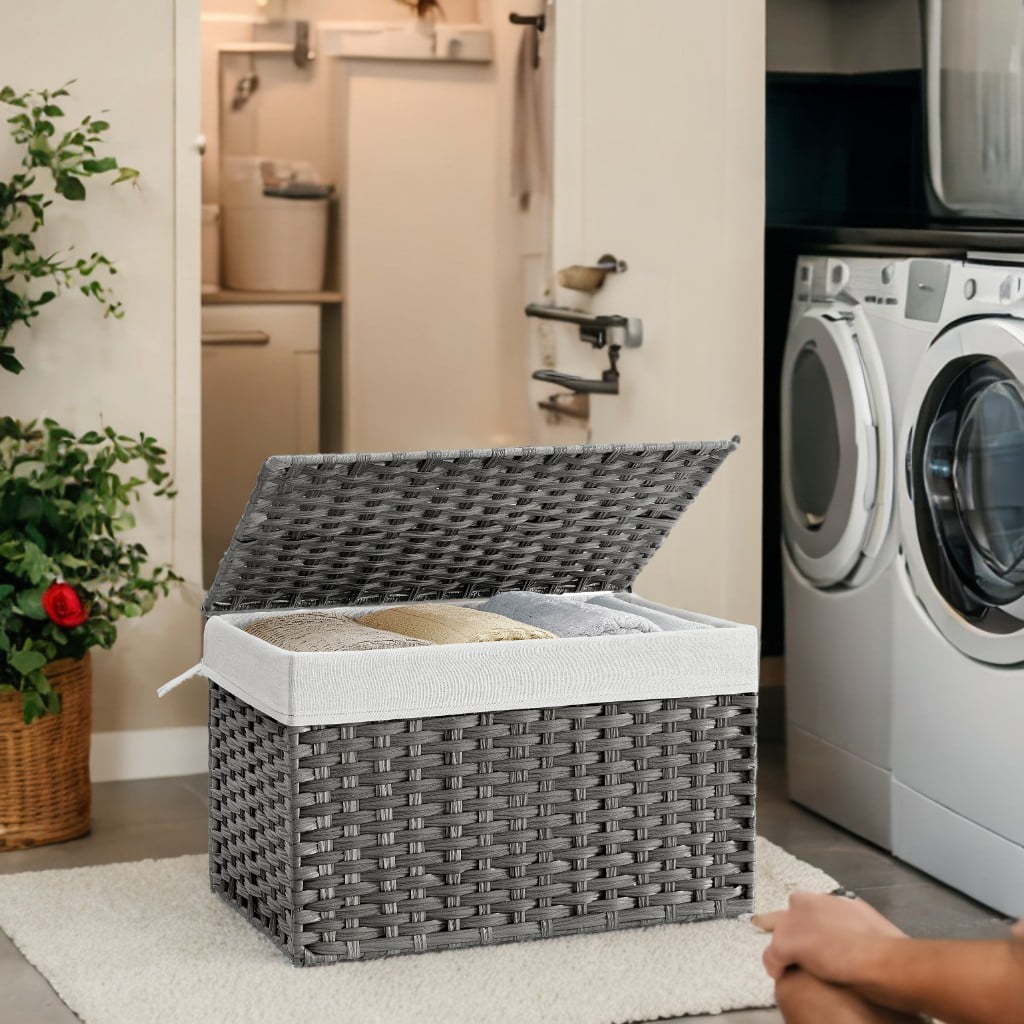 Gray Storage Basket with Lid, 27.7 Gallon (105L) Woven Storage Bin. Features handles, a removable liner, and a metal frame.