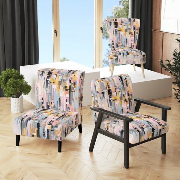 Designart "Interlocking Perspectives Pink Grey Composition" Pink Cubism Upholstered Accent Chair - Modern Arm Chair For Bedroom