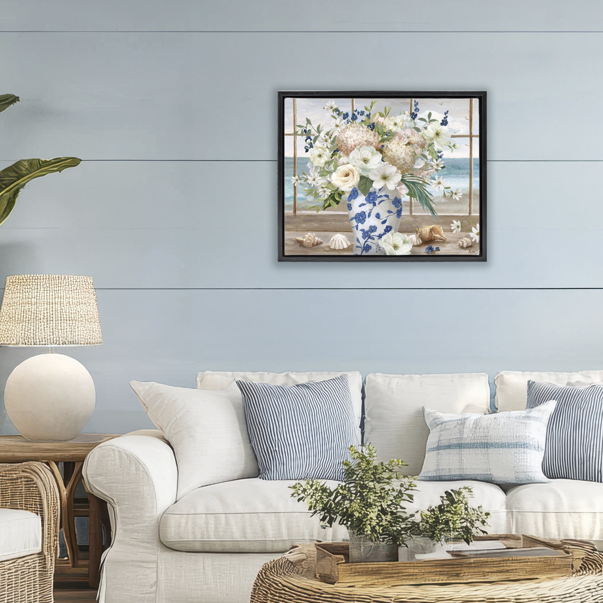 Stupell Industries Seashells & Flowers Windowsill Black Framed Floater Canvas Wall Art, design by Nan