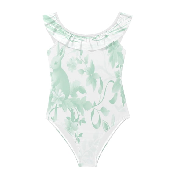 Girls Ruffled One Piece Swimsuit Summer Beach Vacation Swimwear Tank Swimsuit Mint Green Rabbits