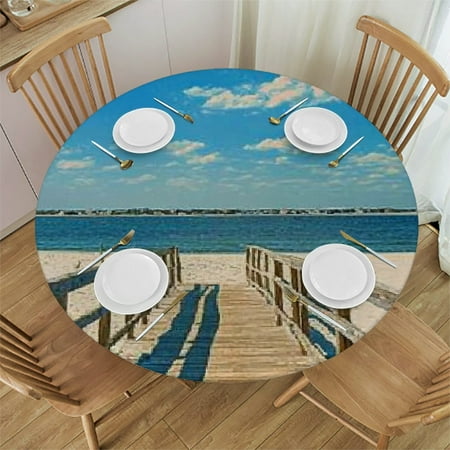 

Autua Beach Wooden Walkway Blue Sky Round Tablecloth Stain-Resistant Washable Waterproof with Elastic Edge Ideal for Indoor Outdoor Restaurants Weddings Parties 38 -42