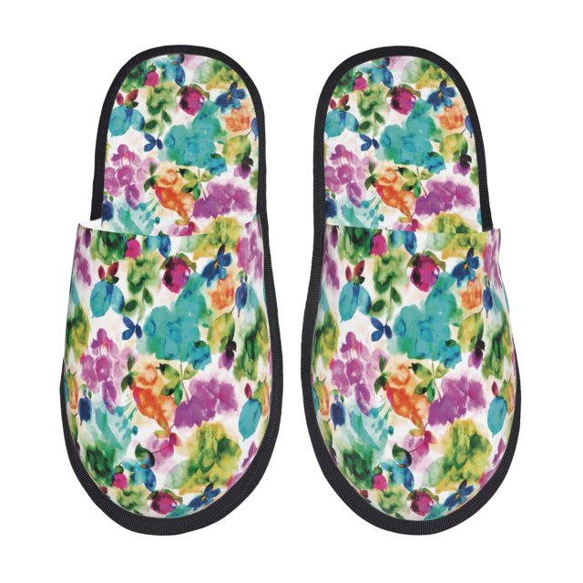 Balery Watercolor Flowers Pantuflas de Casa de Felpa Silenciosas con Diseño Estampado, Zapatillas Cómodas Antideslizantes de Algodón para Interior-Large