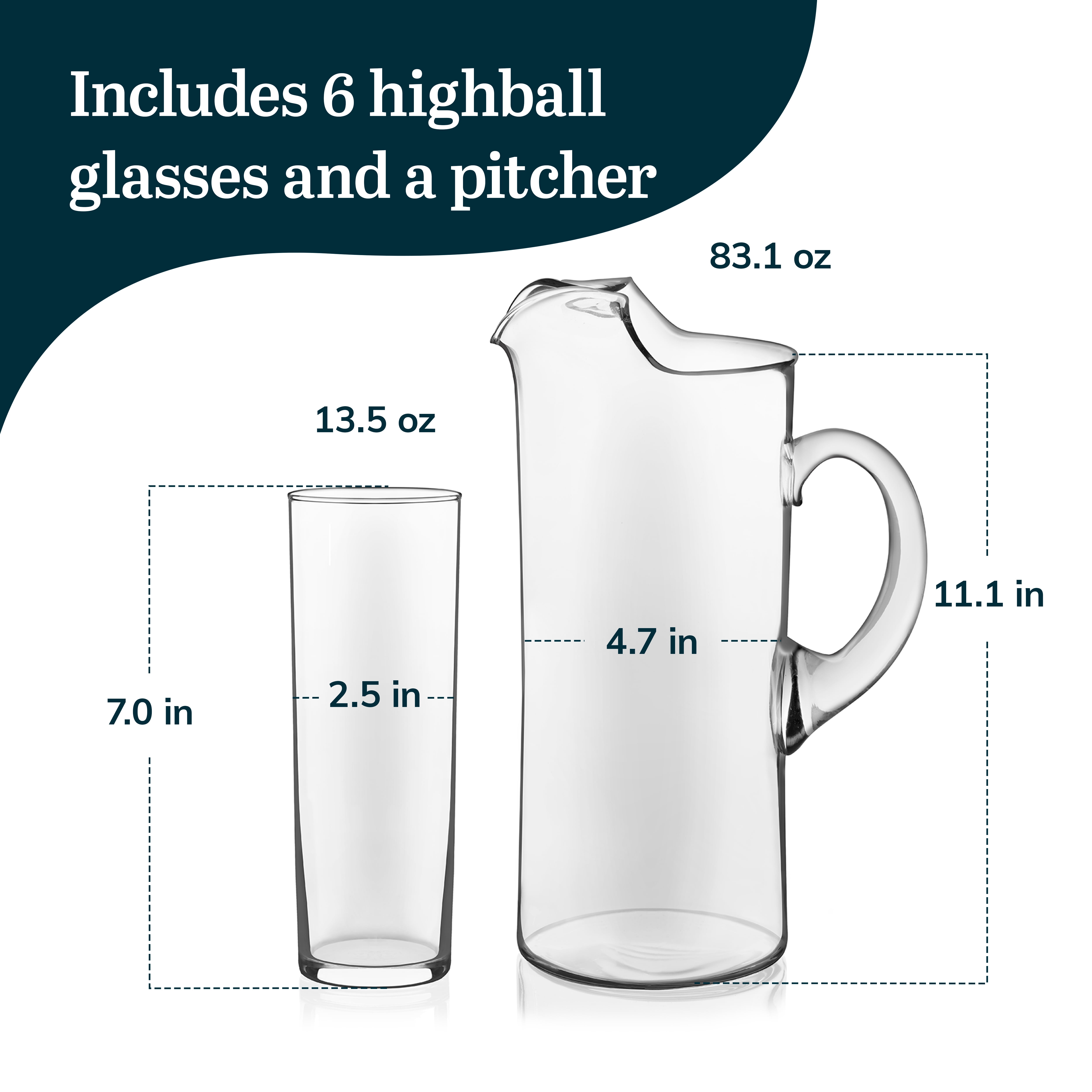 Libbey Modern Bar Highball Glasses Set of 6 and Pitcher, Tall, Bold Cocktail Glass, Pitcher Set, Glassware Sets for Boozy Brunch, Breakfast and More