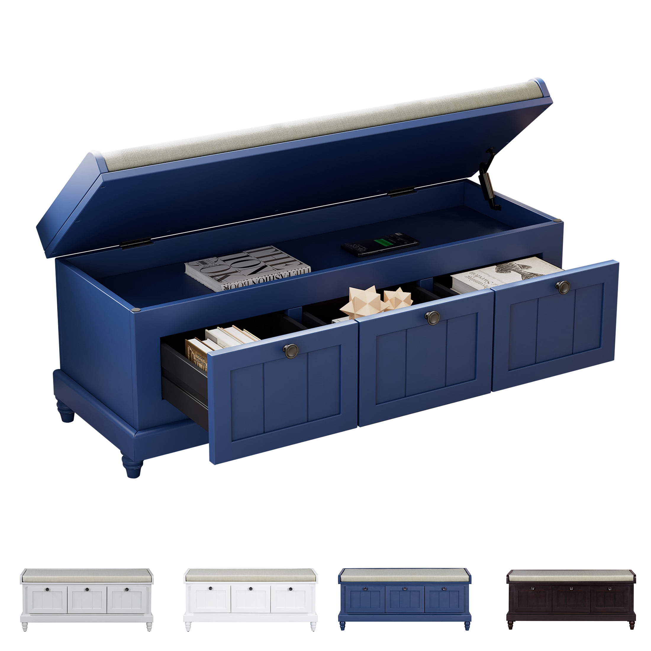 Aukfa Upholstered Storage Bench with 3 Drawers, Flip-Open Storage Box for Entryway, Hallway, Mudroom, Navy