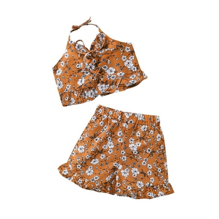 

Frobukio 2Pcs Kids Baby Gilrs Clothes Sets Flower Print Halter Neck Strappy Short Vest Tops+ Ruffle Shorts Brown 3-4 Years