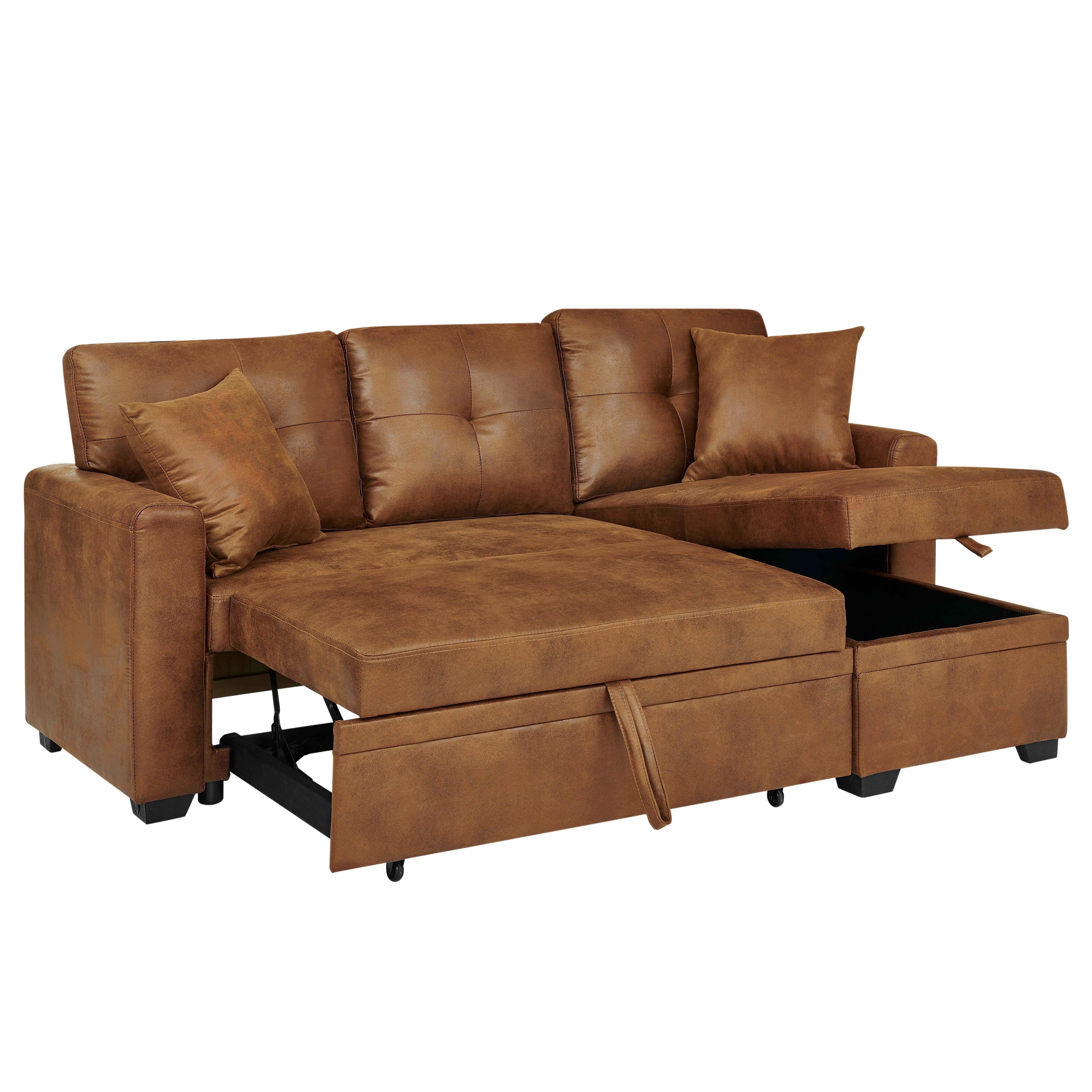 MAYEERTY L‑Shaped Sleeper Sectional Sofa, Convertible Pull‑Out Bed with Reversible Storage Chaise, Light Brown Breathable Fabric for Small Living Spaces