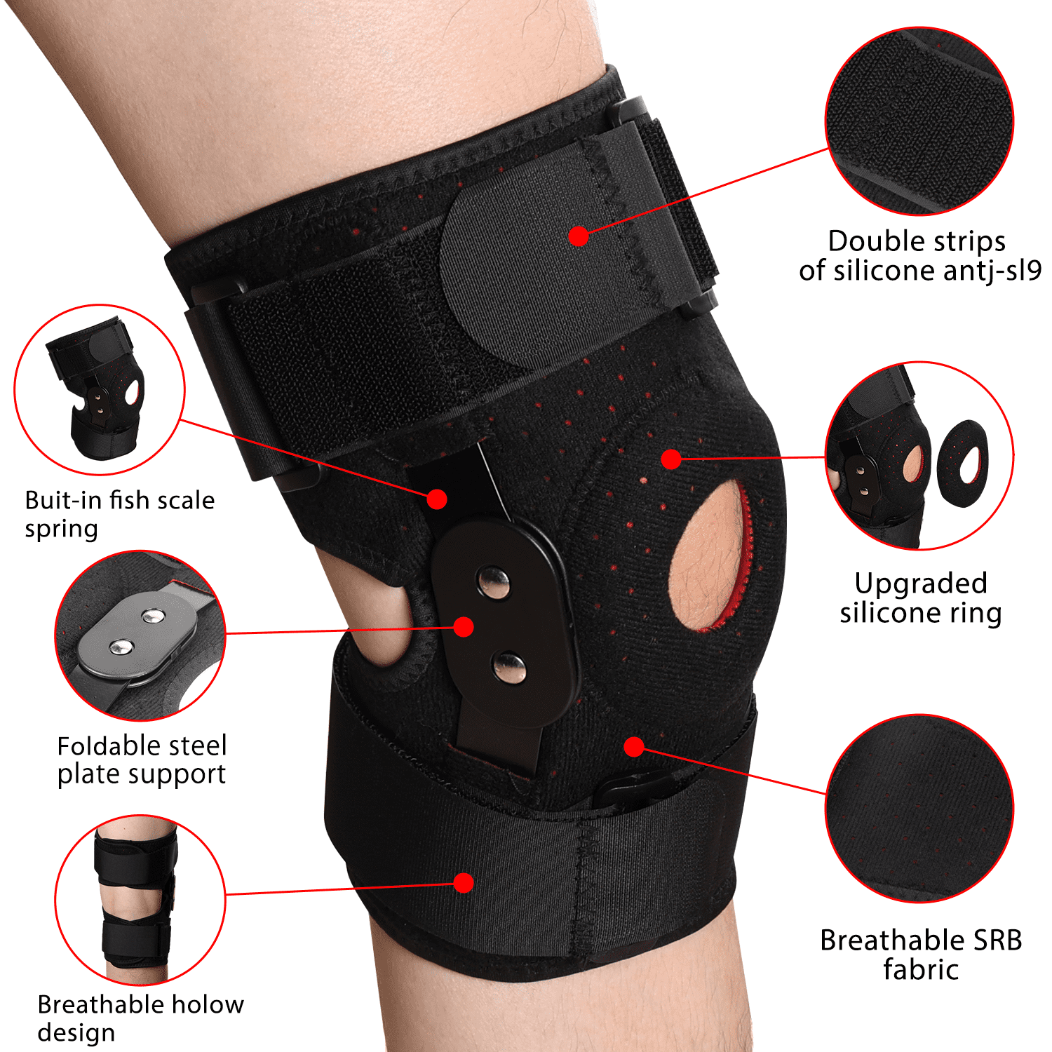 Hinged Knee Brace with Side Stabilizers,Protective Knee Pad Shock Absorbing Anti Slip Strap Breathable Knee Brace for Running Basketball Riding & Hiking,Men & Women - One Size Fits Most(Black)
