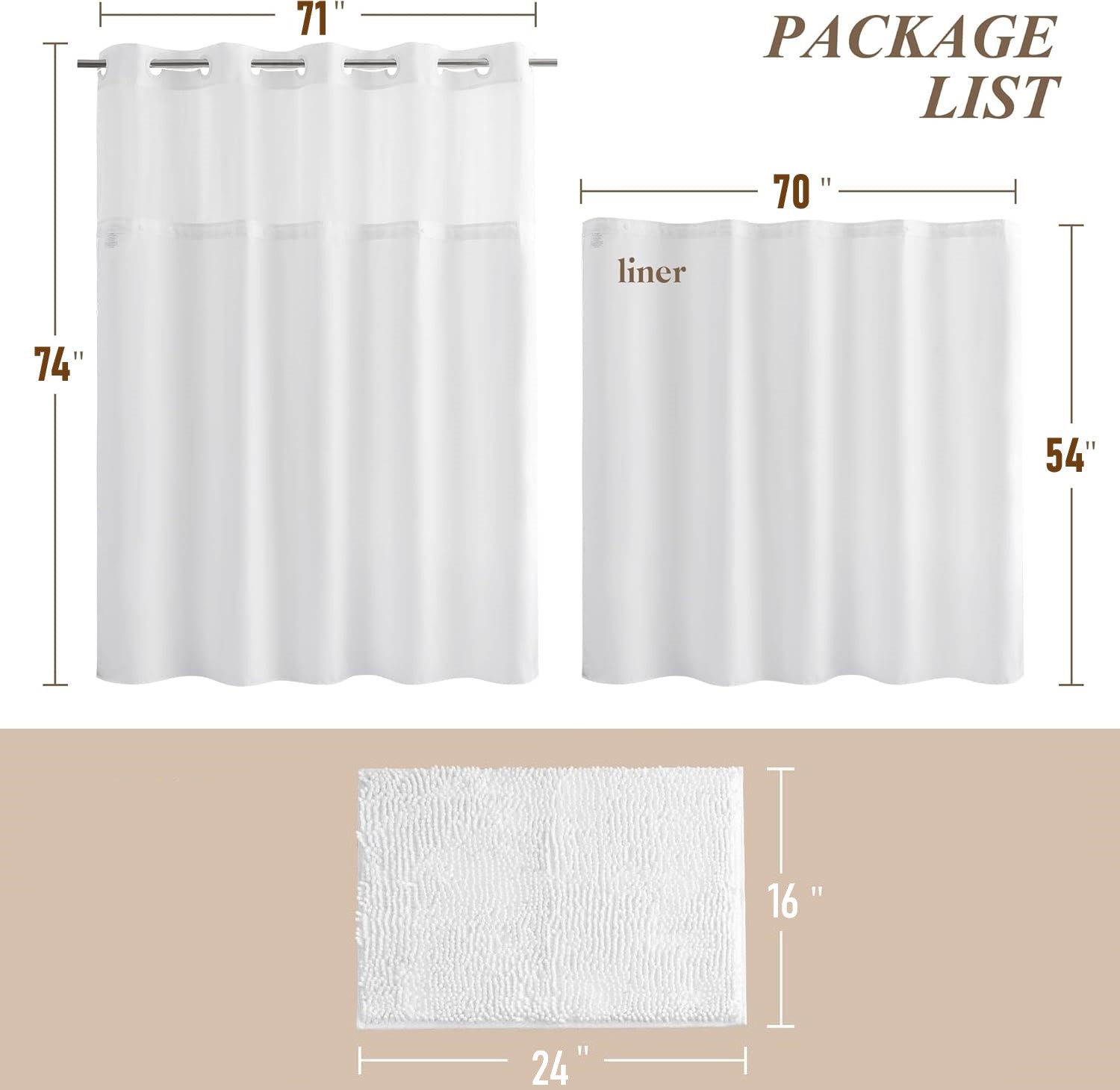 Zordlmo Easy Hang Fabric Shower Curtain with Snap-in Liner and Bath Rug Set, 72" x 74", White