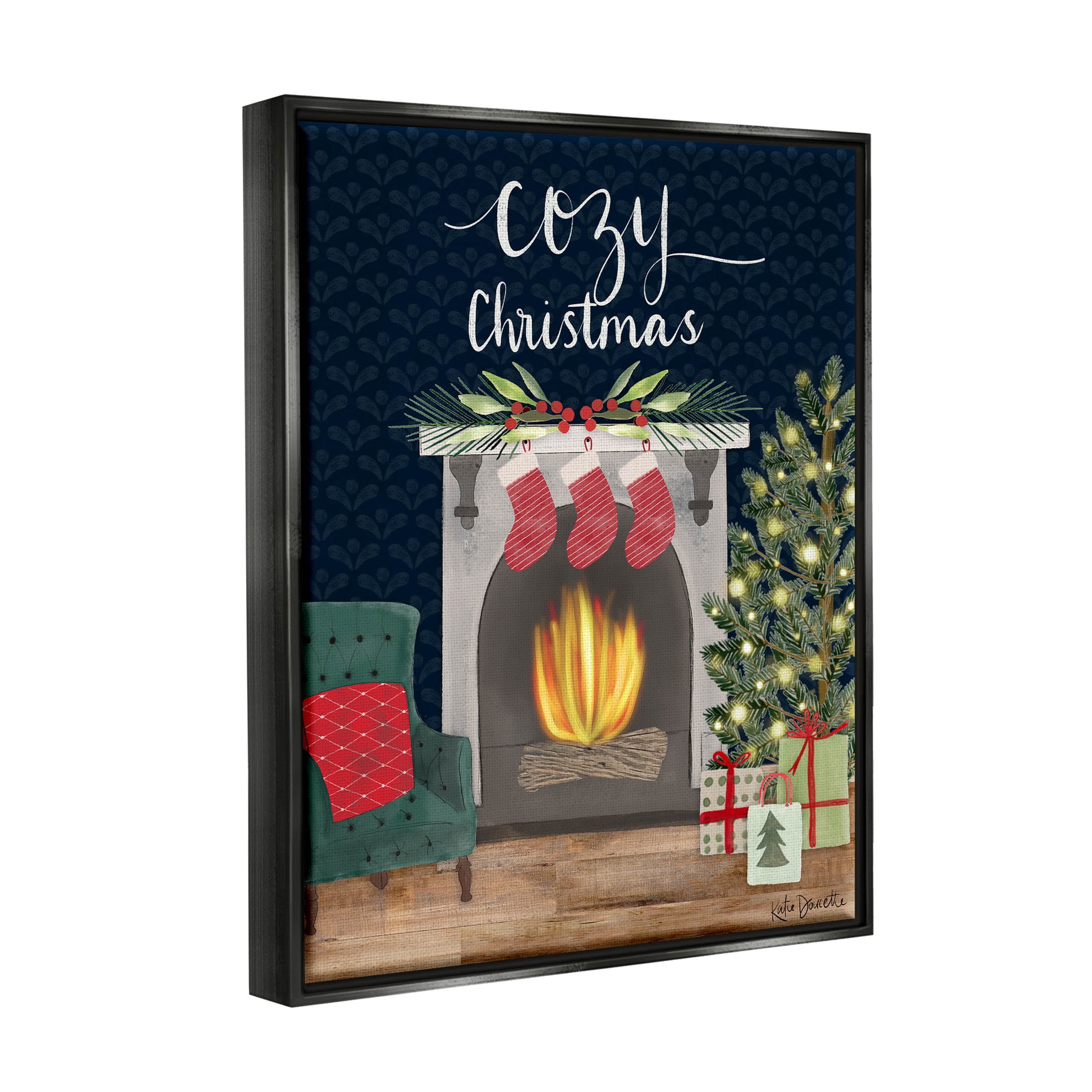 Stupell Industries Cozy Christmas Fireplace Mantle Graphic Art Jet Black Floating Framed Canvas Print Wall Art, Design by Katie Doucette