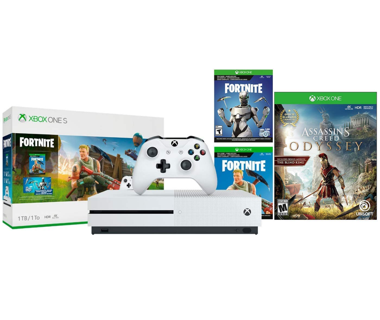 Xbox One S Battle Royale Assassins Bonus Bundle: Fortnite, Eon Cosmetic,  2,000 V-Bucks, Assassins Creed Odyssey and Xbox One S 1TB Gaming Console ... - 