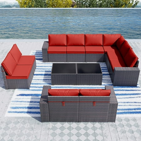 Gotland Outdoor Patio Furniture Set 12 Piece Sectional Rattan Sofa Set Rattan Wicker Patio Conversation Set with 10 Seat Cushions and 2 Tempered Glass Table Red