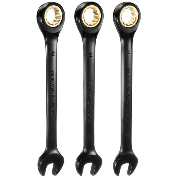 Uxcell 3Pcs Ratcheting Wrench 15,16,17mm Metric Open End Wrench 72-Teeth CR-V Steel 12 Point Nickel Plated Combination Ratchet Wrench